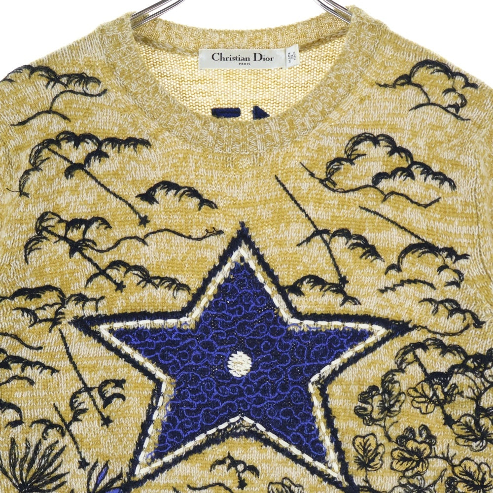 Christian Dior(クリスチャンディオール) シルク混 カシミヤ スター刺繍 クルーネック プルオーバー 長袖ニット セーター イエロー/ブルー 014S52WJ029