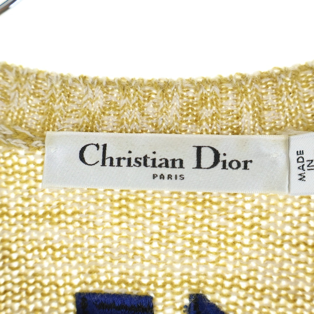 Christian Dior(クリスチャンディオール) シルク混 カシミヤ スター刺繍 クルーネック プルオーバー 長袖ニット セーター イエロー/ブルー 014S52WJ029