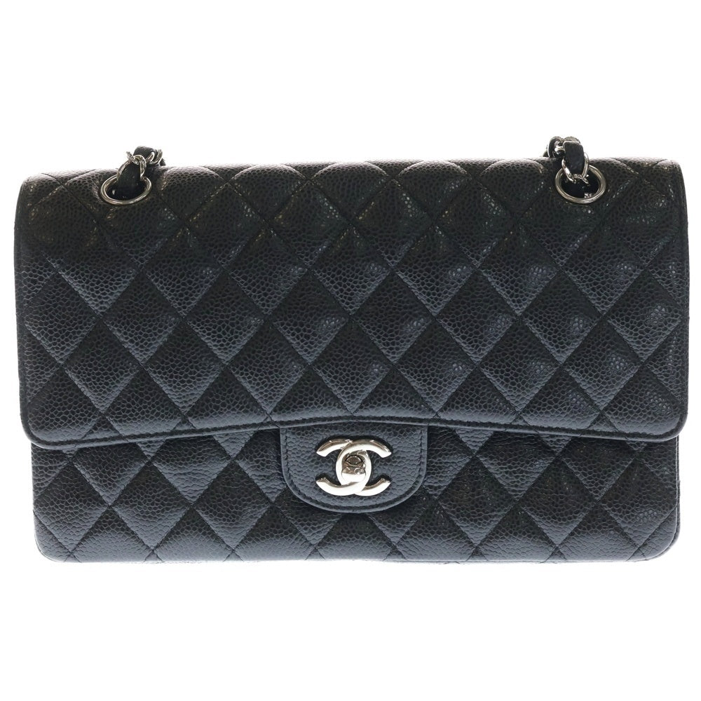 CHANEL(シャネル) マトラッセ25 ココマーク キャビアスキン レザー Wフラップ/Wチェーンショルダーバッグ SV金具 ブラック レディース