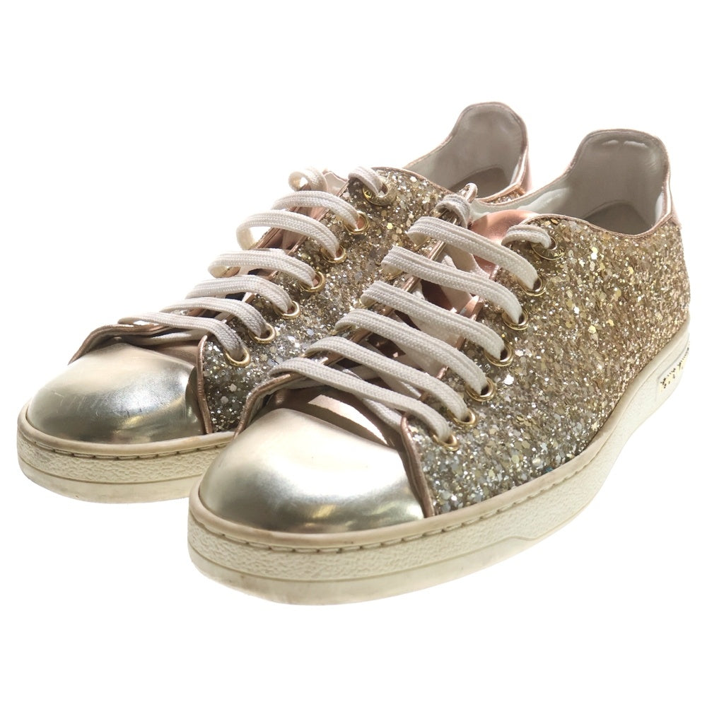 LOUIS VUITTON(ルイヴィトン) フロントロー ライン メタリックレザー ラメ グリッター レースアップ ローカットシューズ スニーカー ゴールド/ホワイト レディース