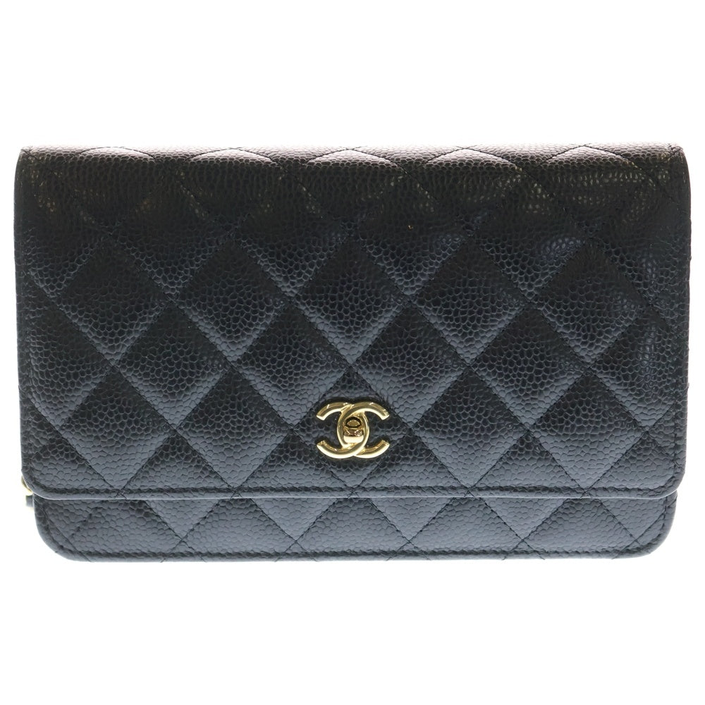 CHANEL(シャネル) マトラッセ ココマーク ターンロック キャビアスキン レザー チェーン ショルダーバッグ ウォレット ゴールド金具 ブラック レディース