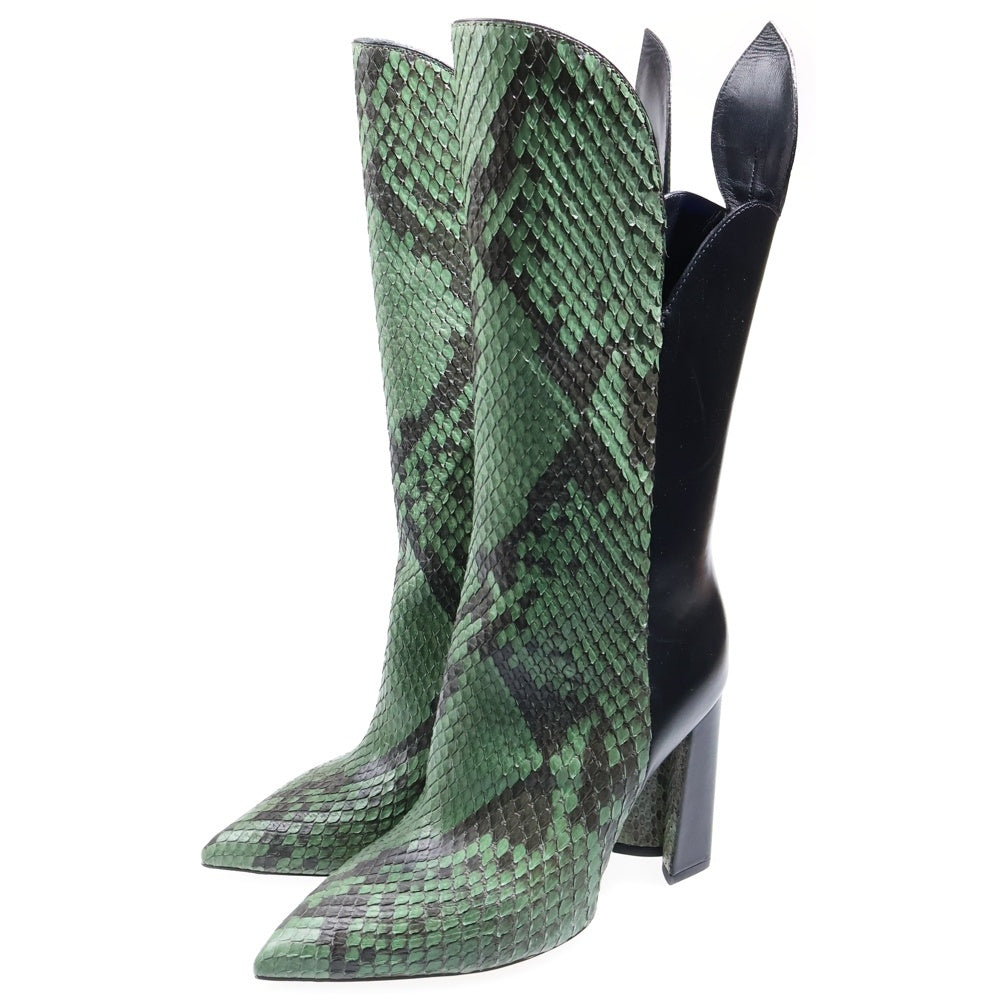 LOUIS VUITTON(ルイヴィトン) ポーカーフェイス パイソン コンビレザー ポインテッドトゥ ヒール ロング ブーツ シューズ グリーン/ブラック レディース