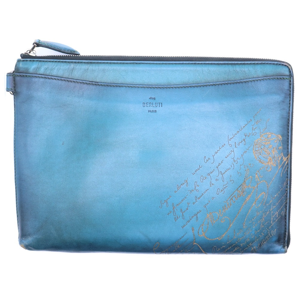 Berluti(ベルルッティ) カリグラフィ ニノGM セカンドバッグ クラッチバック ポーチ ケース レザー ターコイズブルー シルバー金具 レディース