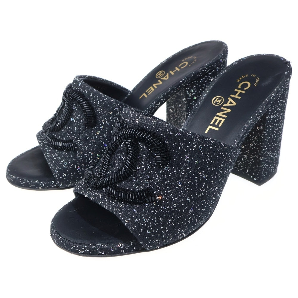 CHANEL(シャネル) 19SS ココマークビーズ刺繍 ミックスツイード ヒール サンダル ブラック レディース G34680