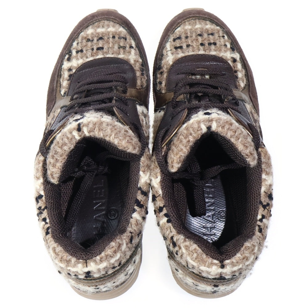 CHANEL(シャネル) ココマーク レザー ツイード レースアップ ローカットシューズ スニーカー ブラウン レディース G26582