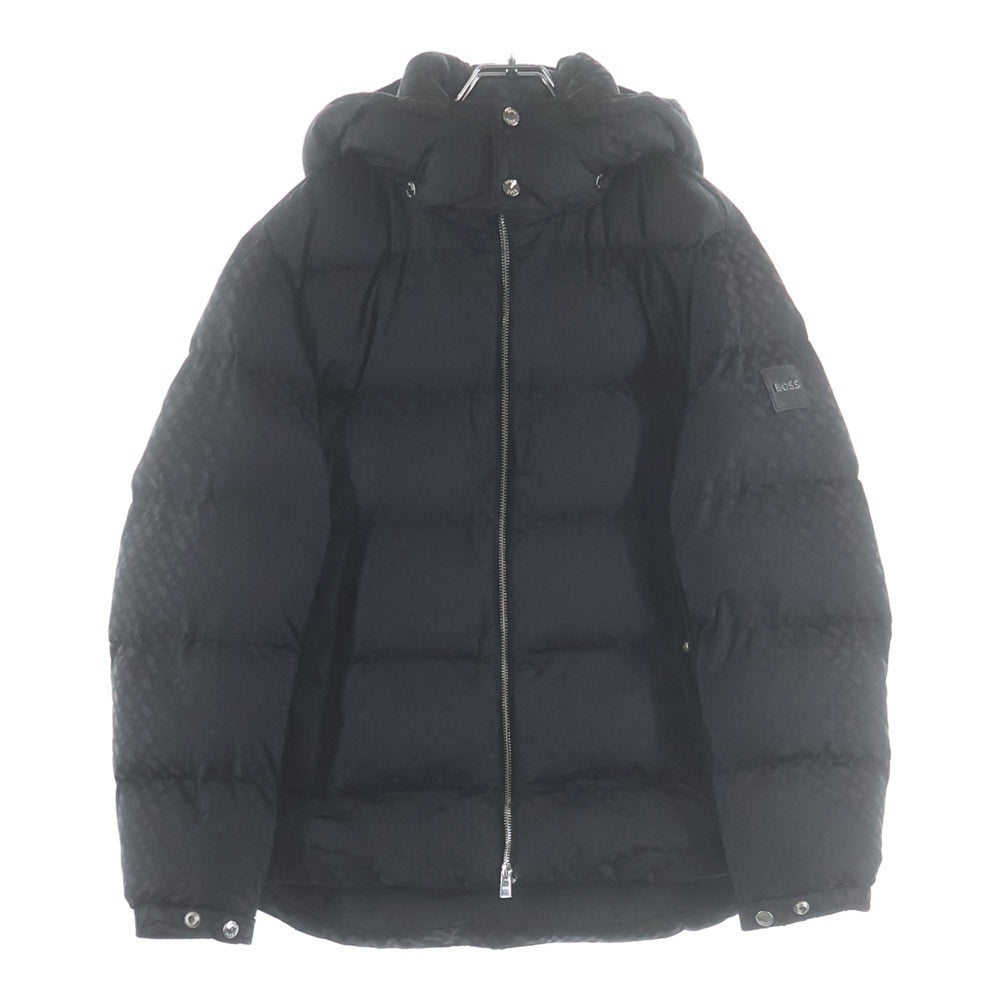 BOSS(ボス) レザーパッチ ロゴ総柄 フーデッド ジップアップ ジャケット ブラック