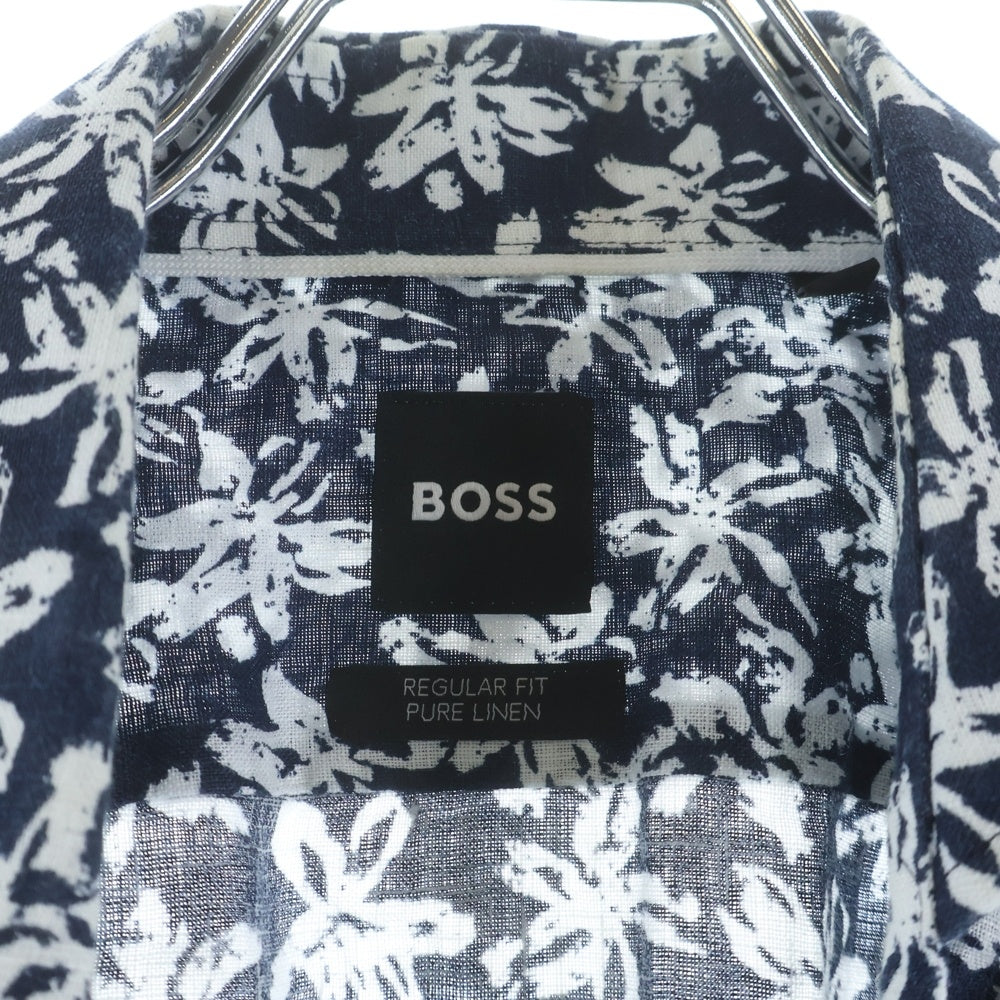 BOSS(ボス) 総柄プリント リネン 長袖シャツ ネイビー