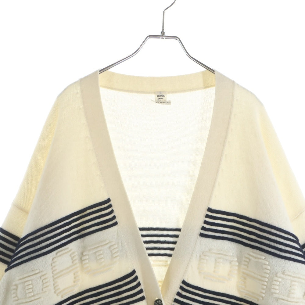 HERMES(エルメス) シェーヌダンクル ジャガード ボーダー カシミヤ コットン ニット カーディガン アイボリー/ネイビー レディース 3E2102D2