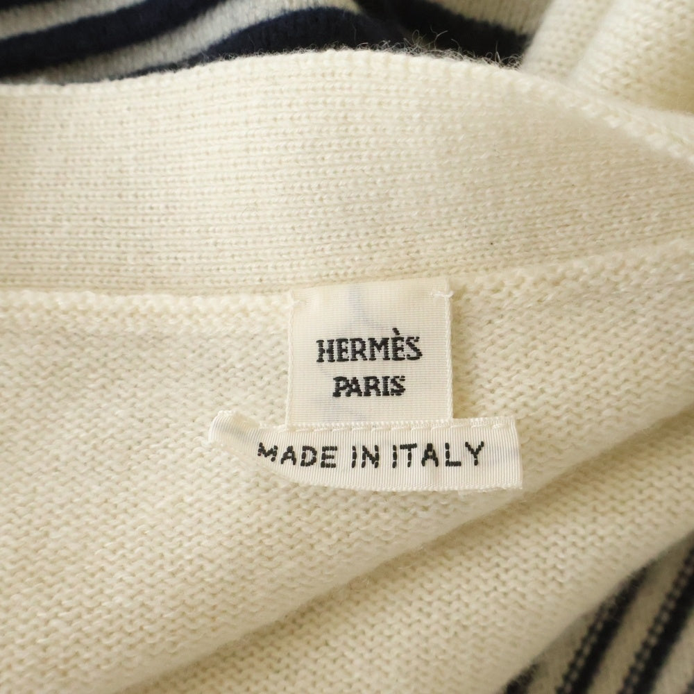 HERMES(エルメス) シェーヌダンクル ジャガード ボーダー カシミヤ コットン ニット カーディガン アイボリー/ネイビー レディース 3E2102D2
