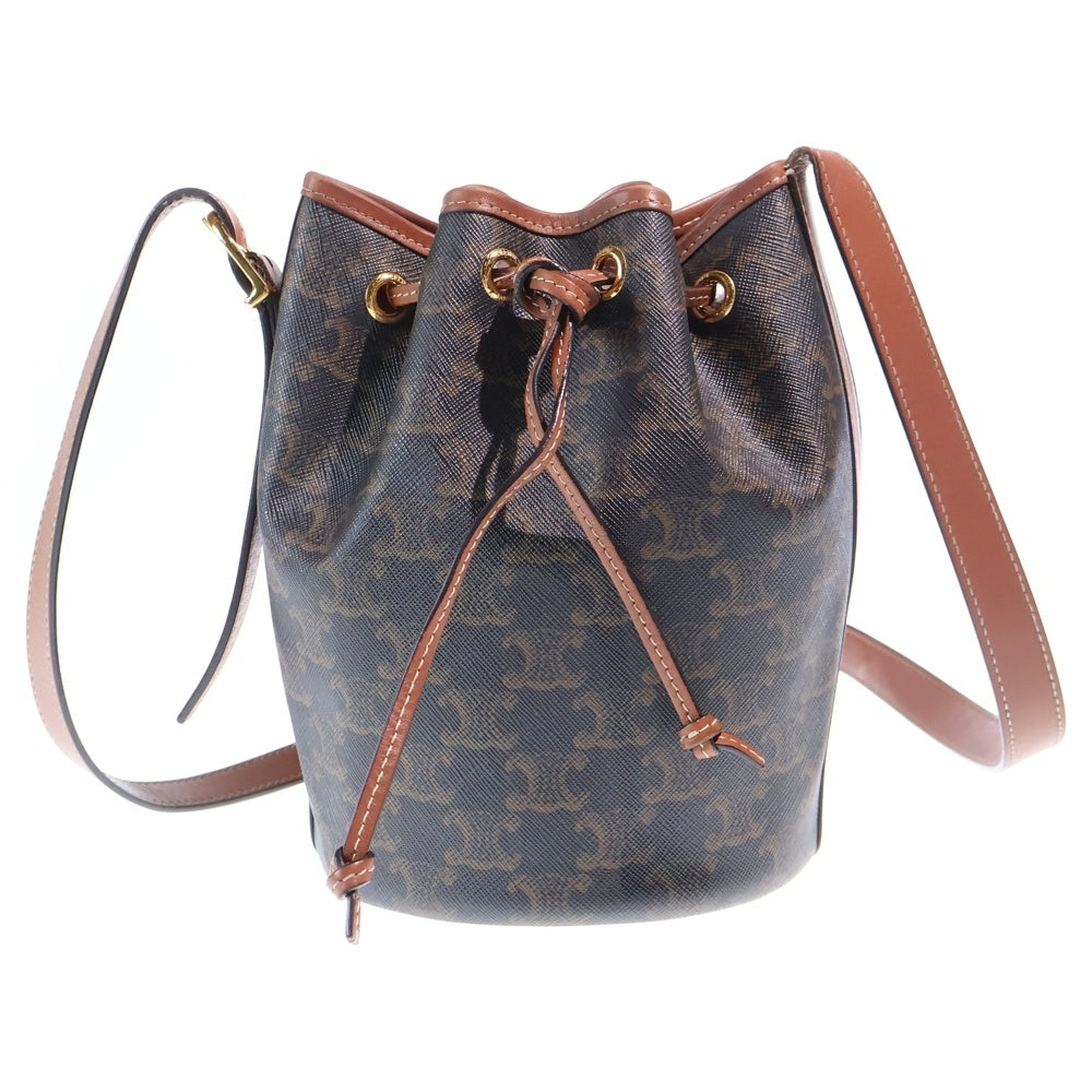 CELINE(セリーヌ) トリオンフ ドローストリング ショルダーバッグ ミニバッグ ブラウン レザー×PVC ゴールド金具 レディース