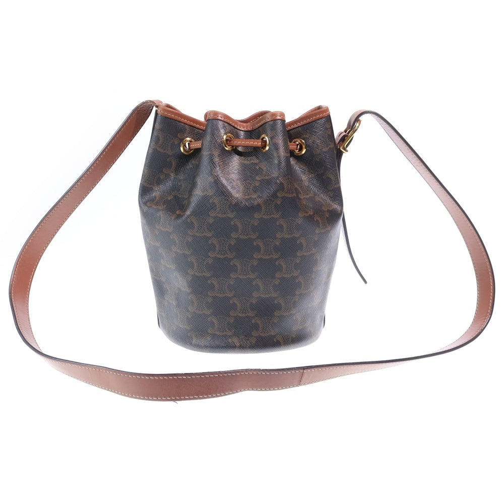 CELINE(セリーヌ) トリオンフ ドローストリング ショルダーバッグ ミニバッグ ブラウン レザー×PVC ゴールド金具 レディース