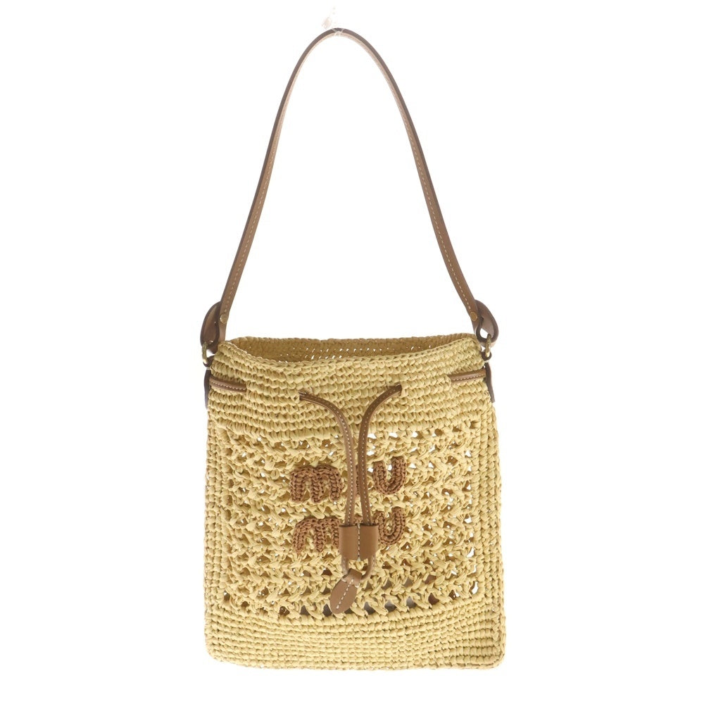 miumiu(ミュウミュウ) ロゴモチーフ ミニハンドバッグ 巾着バッグ ベージュ×ブラウン ウーブンファブリック 5ND016 ゴールド金具 レディース