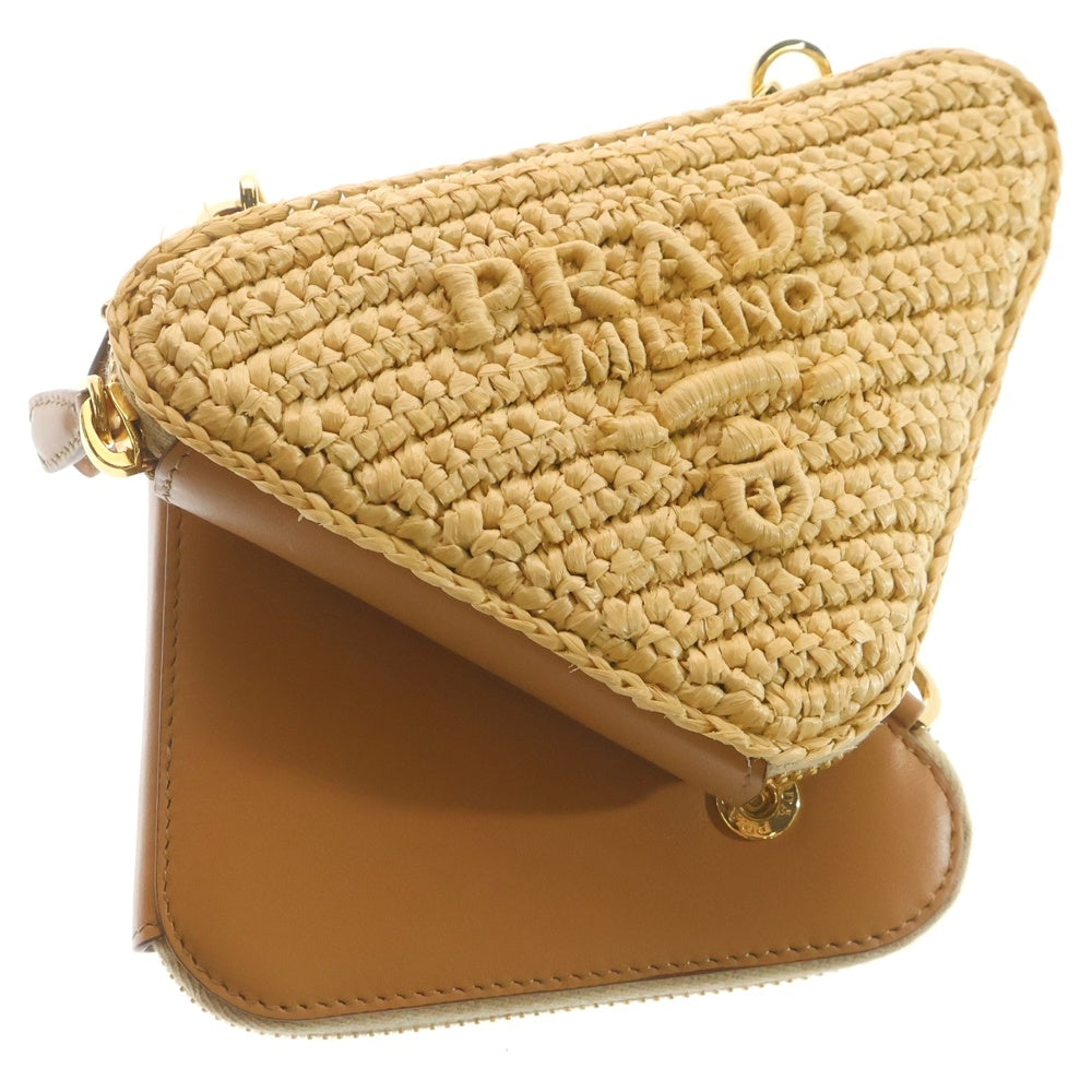 PRADA プラダ トライアングル クロシェ ミニショルダーバッグ チェーンバッグ ベージュ ウーブンファブリック 1NR015 ゴールド金具 PRADA(プラダ) トライアングル クロシェ ミニショルダーバッグ