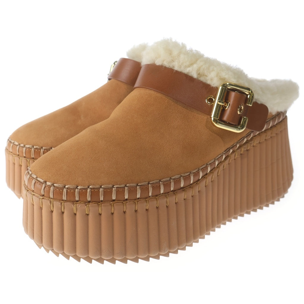 Chloe(クロエ) 厚底スエードレザー ウェッジミュール スリッポン ボアシューズ #39