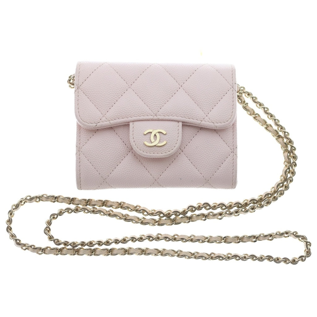 CHANEL(シャネル) ミニチェーンウォレット ショルダーウォレット ベビーピンク キャビアスキン ゴールド金具 レディース
