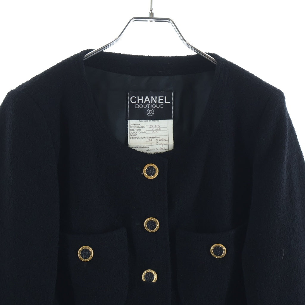 CHANEL(シャネル) ウールツイード 5B ノーカラー ジャケット ブラック レディース