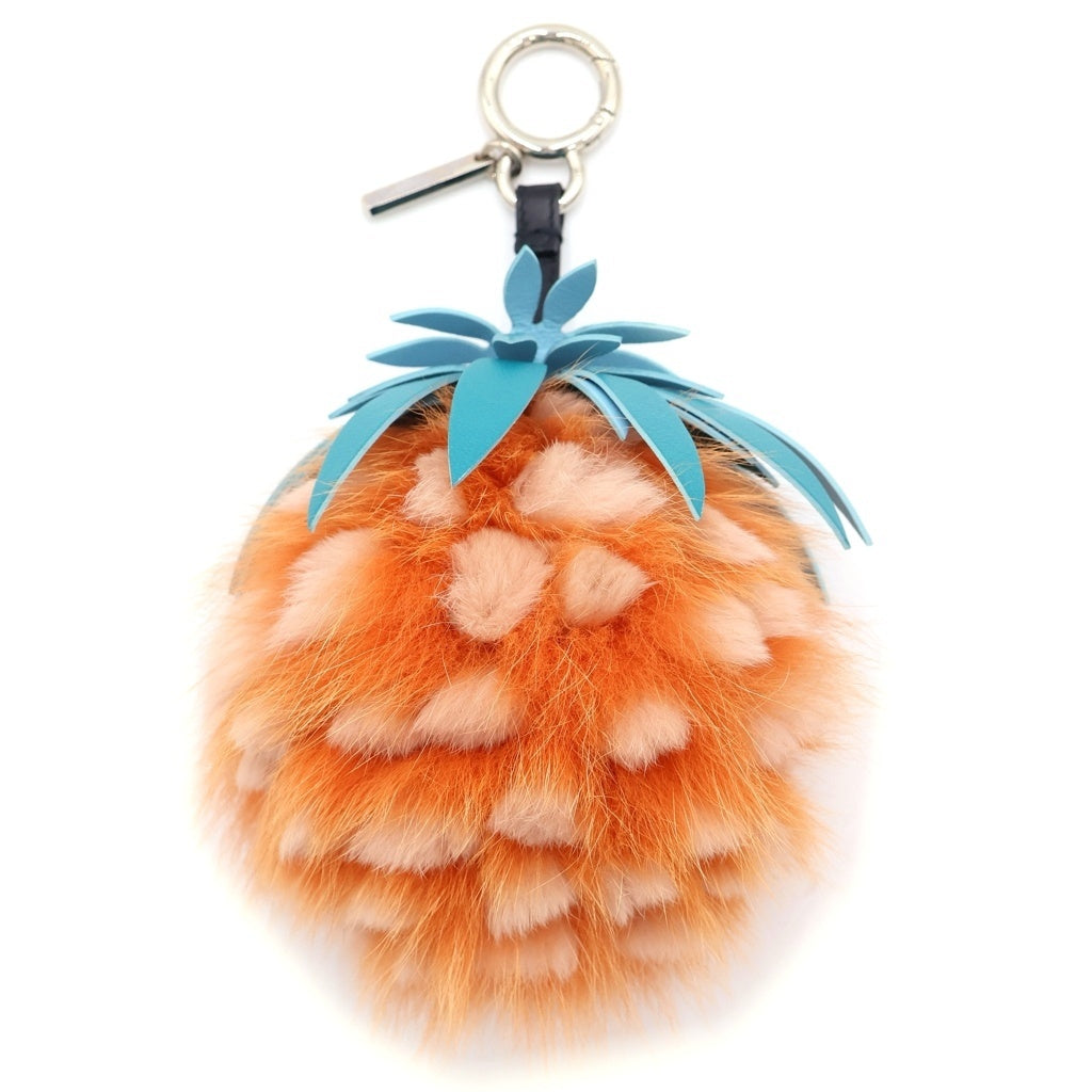 FENDI(フェンディ) フルーツ パイナップルチャーム バッグチャーム キーホルダー オレンジ ファー シルバー金具 レディース
