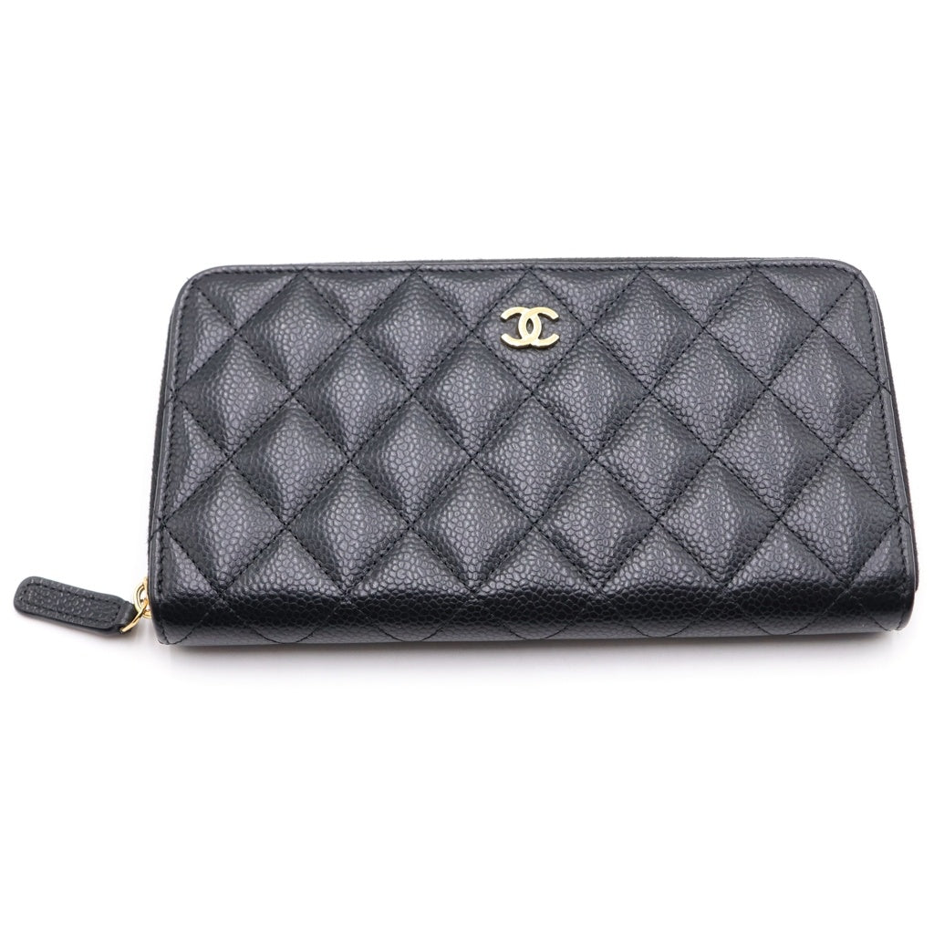 CHANEL(シャネル) マトラッセ クラシック ラウンドファスナーウォレット ロングウォレット 長財布 カードケース ブラック キャビアスキン ゴールド金具 レディース
