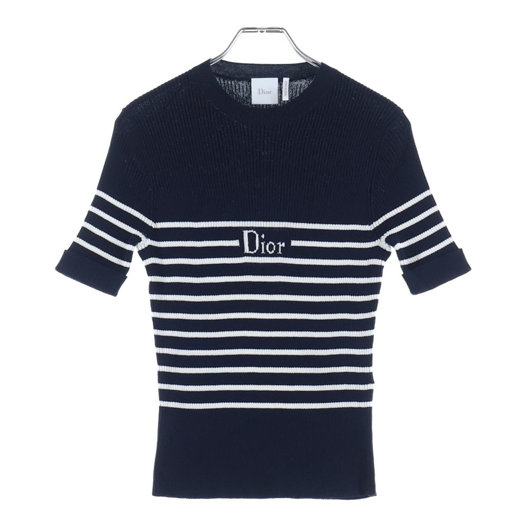 Christian Dior(クリスチャンディオール) Dioriviera ショートスリーブ フィット セーター コットン半袖ニット リブ編み ロゴ ネイビー 644S16B7E72 RFID レディース