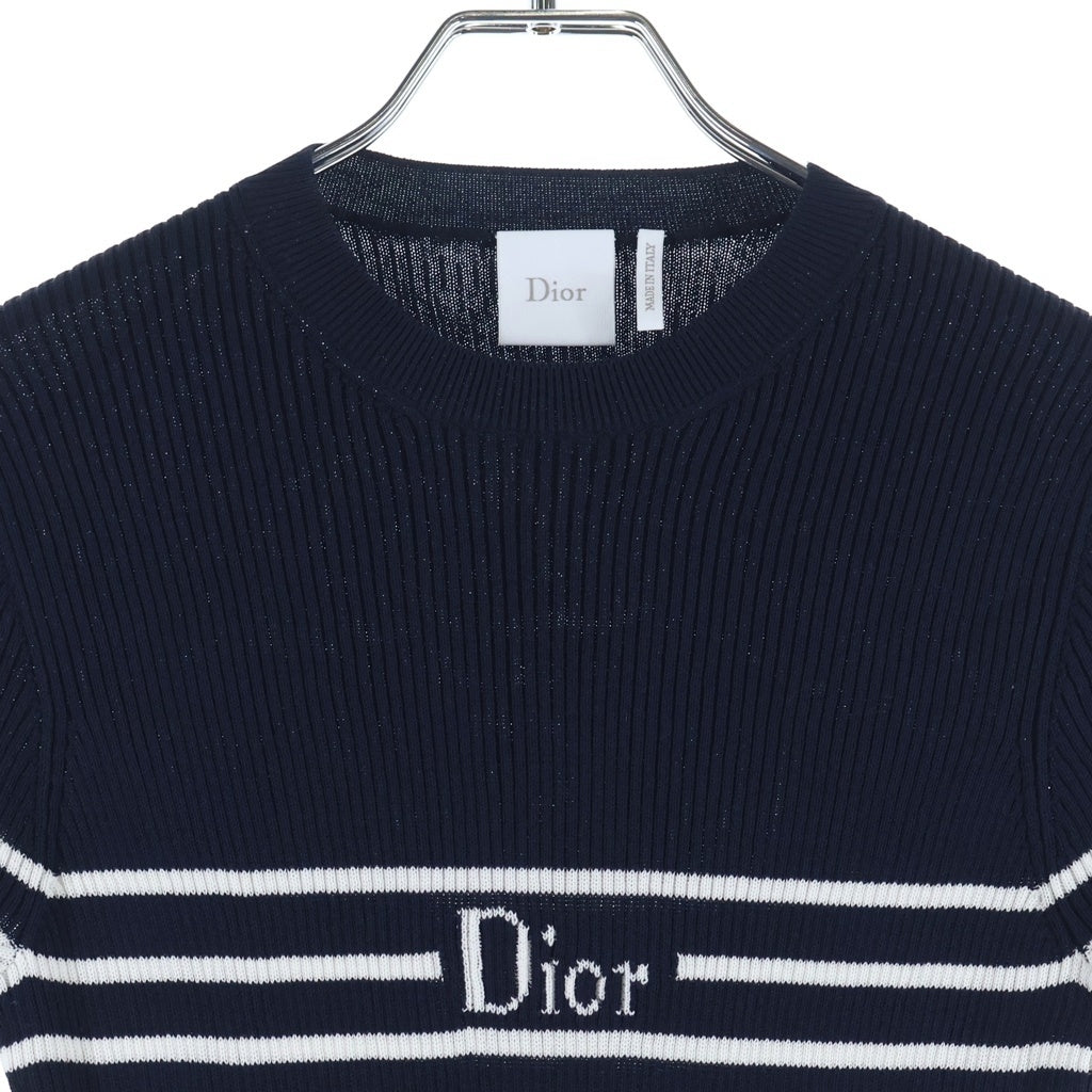 Christian Dior(クリスチャンディオール) Dioriviera ショートスリーブ フィット セーター コットン半袖ニット リブ編み ロゴ ネイビー 644S16B7E72 RFID レディース