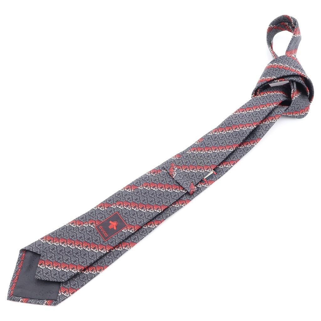 GUCCI(グッチ) ロゴ 総柄 ストライプ シルク ネクタイ ブラック/レッド