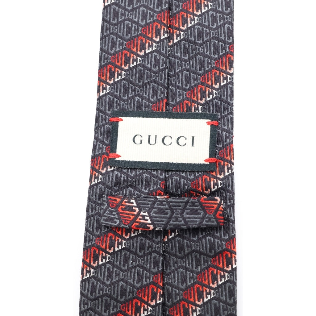 GUCCI(グッチ) ロゴ 総柄 ストライプ シルク ネクタイ ブラック/レッド