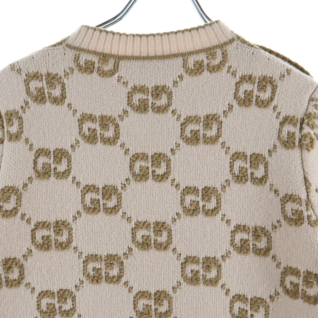 GUCCI(グッチ) GG wool boucl jacquard dress ジャカードドレス 半袖ウールニットワンピース GGロゴ 総柄 金ボタン ピンクベージュ 718630 XKCNA レディース
