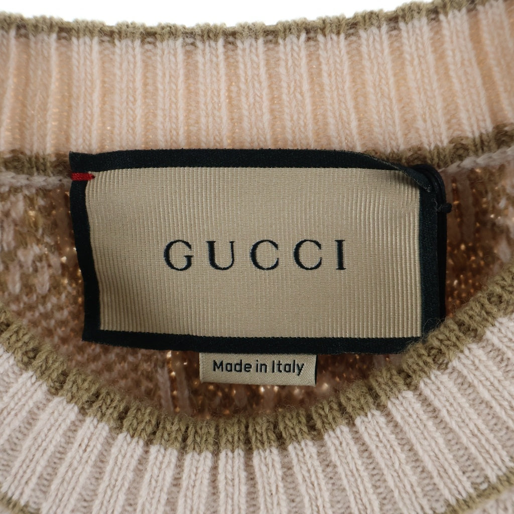 GUCCI(グッチ) GG wool boucl jacquard dress ジャカードドレス 半袖ウールニットワンピース GGロゴ 総柄 金ボタン ピンクベージュ 718630 XKCNA レディース