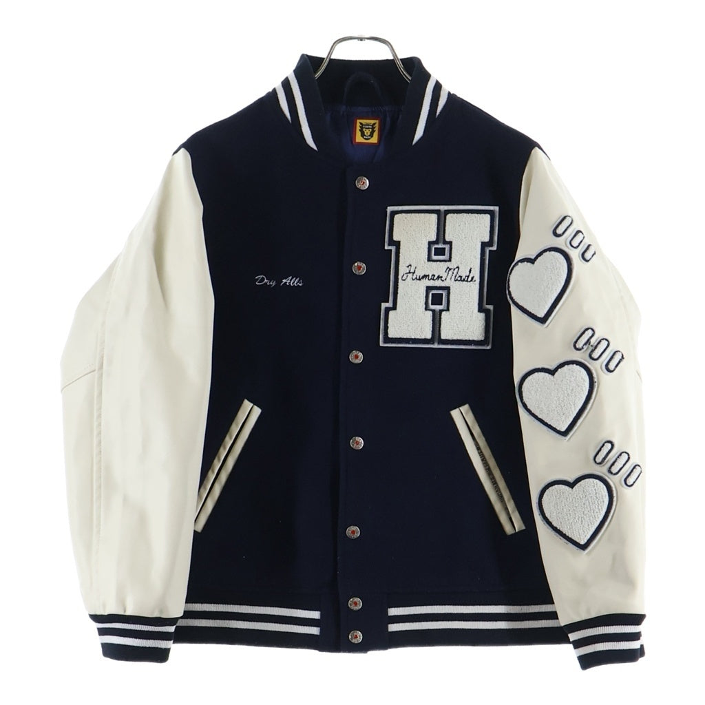 HUMAN MADE(ヒューマンメイド) 19AW VARSITY JACKET アームレザー ハートロゴ バーシティージャケット スタジャン ブルゾン ネイビー/ホワイト