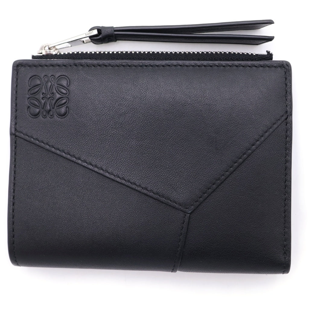 LOEWE(ロエベ) パズル スリム アナグラム コンパクトウォレット 二つ折り財布 コインケース ブラック レザー シルバー金具 レディース