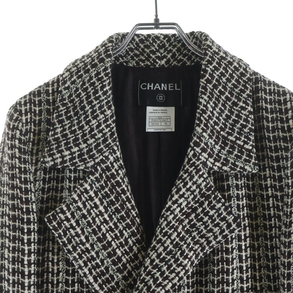 CHANEL(シャネル) 01AW archive Wool Tweed Coat ココマークボタン ウールツイード ハーフコート ホワイト/ブラウン/ブラック P18117V10417 レディース
