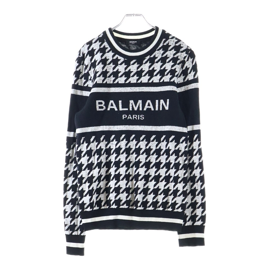 BALMAIN(バルマン) 千鳥格子柄ロゴニット ブラック×ホワイト ウール×リネン KD000KC08