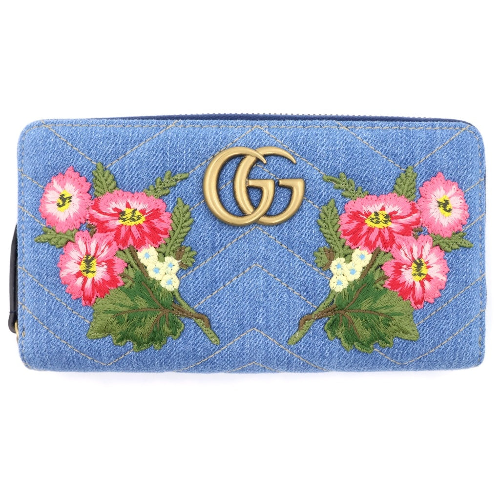 GUCCI(グッチ) GGマーモント フラワーエンブロイダリー シェブロンラウンドファスナー長財布 ウォレット マルチカラー デニム 443123 レディース