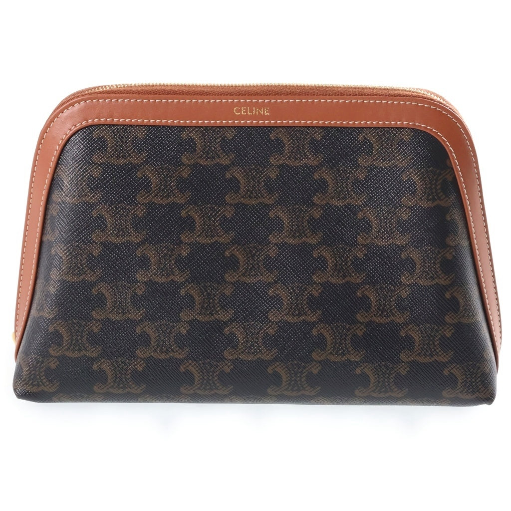 CELINE(セリーヌ) トリオンフ 収納ポーチ メイクポーチ ブラウン レザー×PVC ゴールド金具 レディース