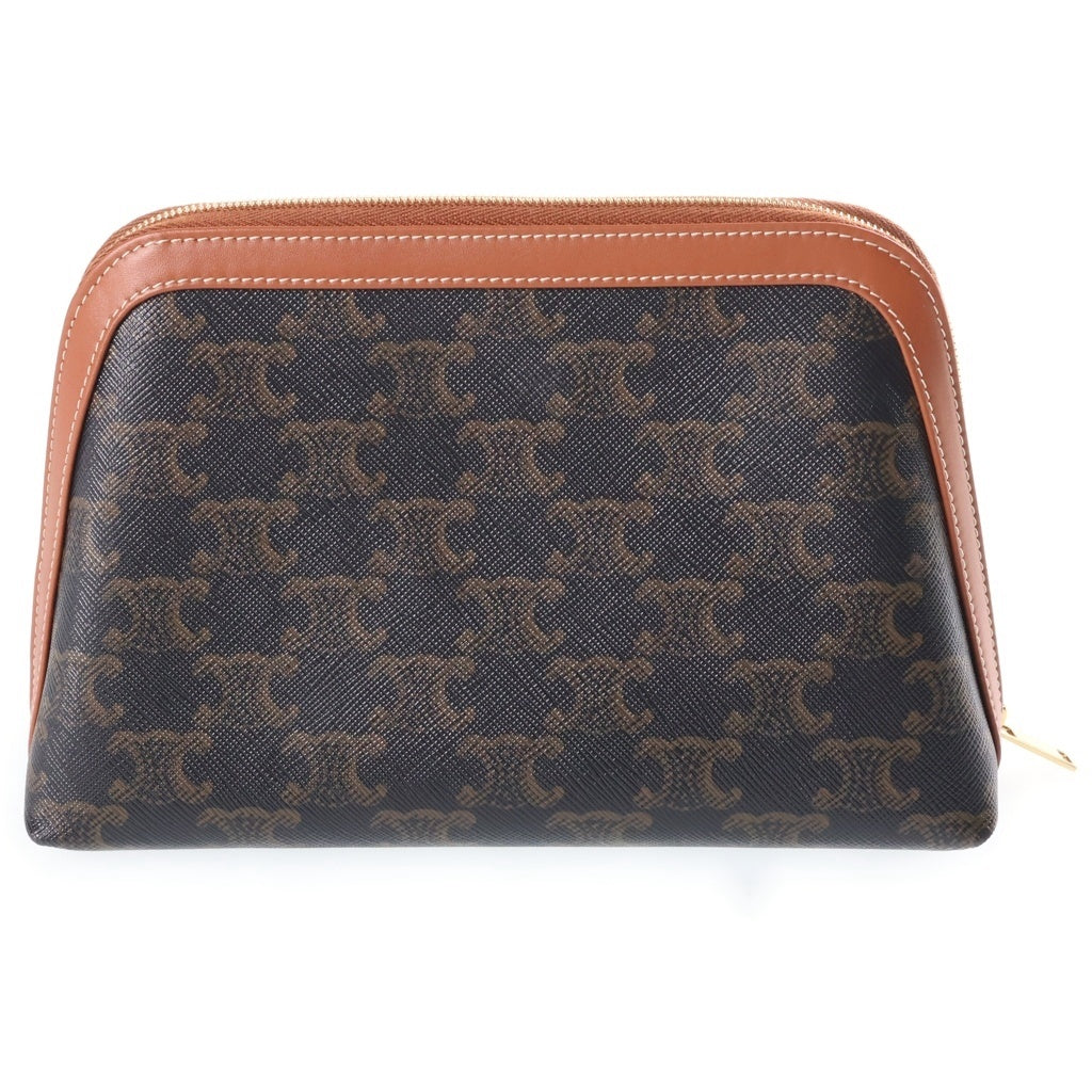 CELINE(セリーヌ) トリオンフ 収納ポーチ メイクポーチ ブラウン レザー×PVC ゴールド金具 レディース