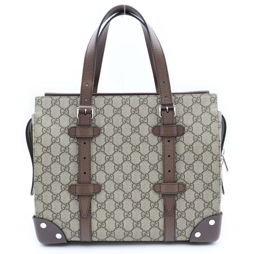 GUCCI(グッチ) GGスプリーム トートバッグ ハンドバッグ ベージュ ブラウン PVCレザー 643814 シルバー金具 レディース
