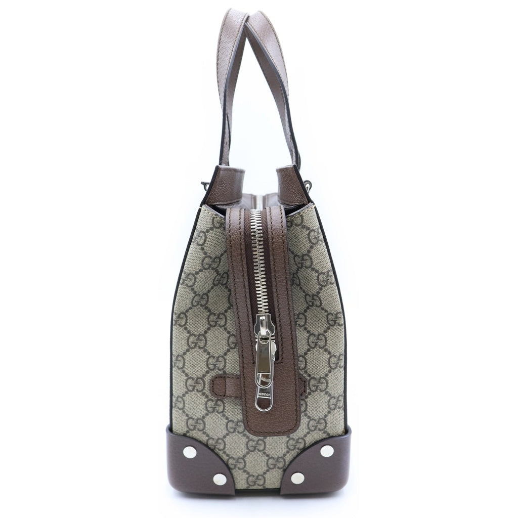 GUCCI(グッチ) GGスプリーム トートバッグ ハンドバッグ ベージュ ブラウン PVCレザー 643814 シルバー金具 レディース