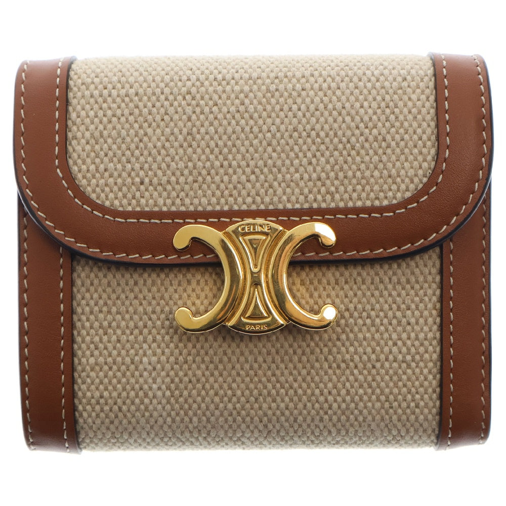CELINE(セリーヌ) トリオンフ スモールフラップウォレット ベージュ×ブラウン レザー 三つ折り財布 コンパクトウォレット