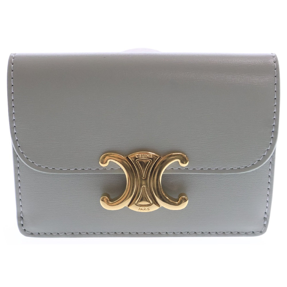 CELINE(セリーヌ) トリオンフ カードホルダー シャイニーカーフスキン ライトクレイ カードケース コンパクトウォレット ライトグリーン ゴールド金具 コインケース