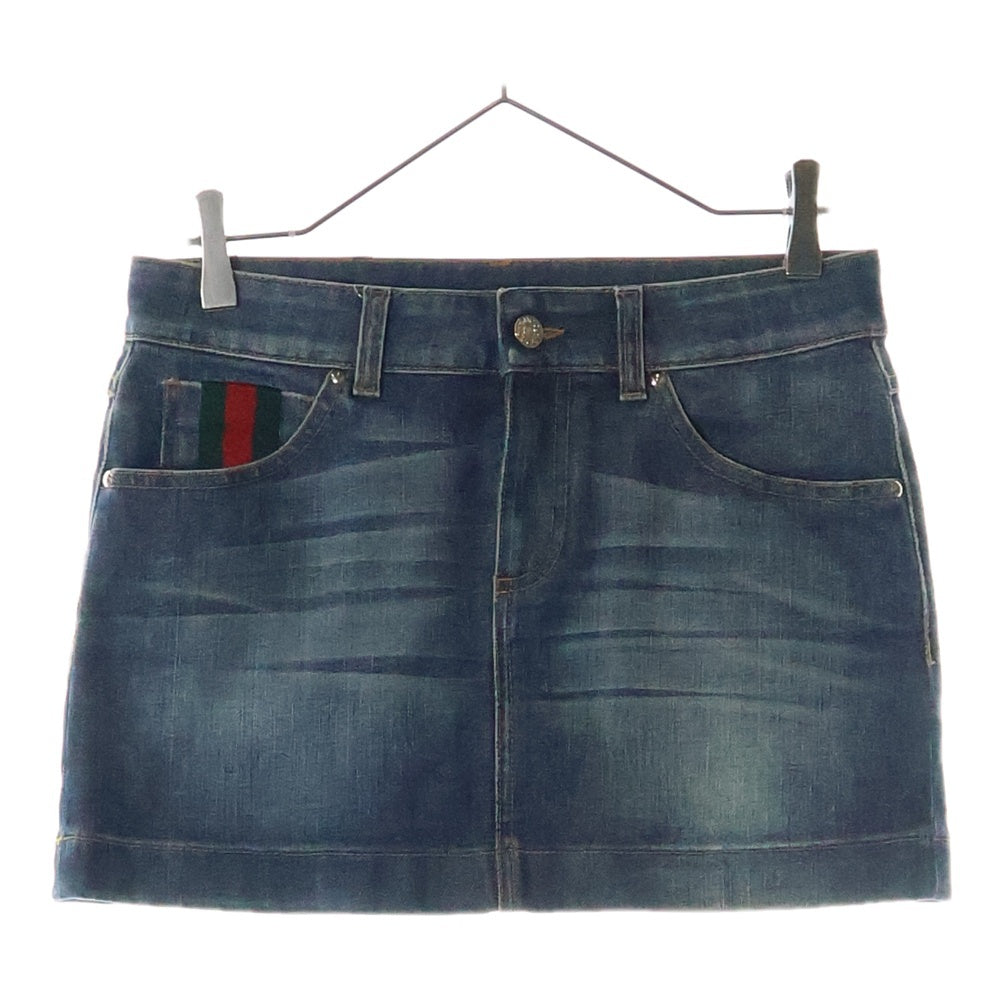 GUCCI(グッチ) シェリーライン レザーロゴパッチ ユーズド加工 デニム ミニスカート インディゴ レディース 258612 XZ486