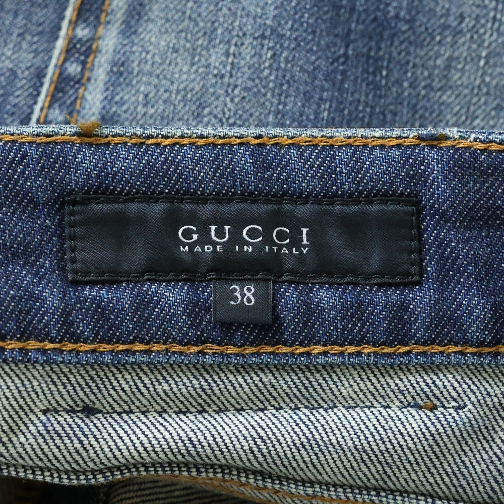 GUCCI(グッチ) シェリーライン レザーロゴパッチ ユーズド加工 デニム ミニスカート インディゴ レディース 258612 XZ486
