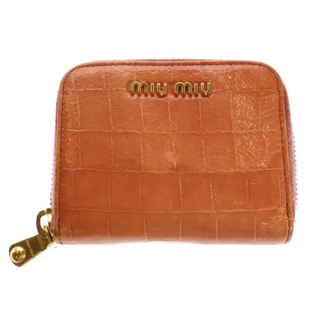 miumiu(ミュウミュウ) コインケース 小銭入れ 財布 ウォレット サーモンピンク ゴールド金具 クロコ型押し レザー