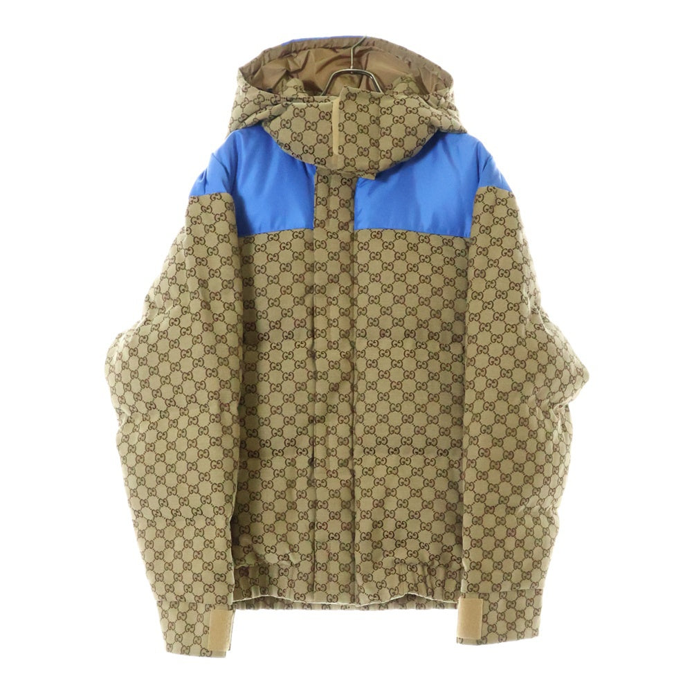 GUCCI(グッチ) GG JACQUARD HOODED DOWN JACKET GGコットンキャンバス 総柄 パデッド フーデッド ダウンジャケット ベージュ/ブルー 751395