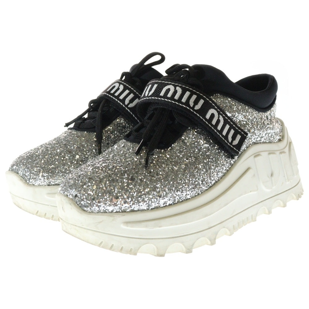 miumiu(ミュウミュウ) ラメグリッター 厚底 ロゴベルト ベルクロ ローカットシューズ スニーカー シルバー/ブラック レディース