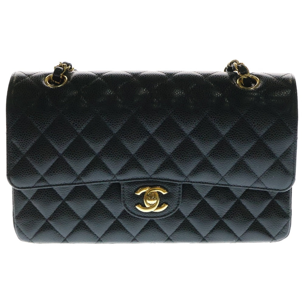 CHANEL(シャネル) マトラッセ25 ダブルフラップ ダブルチェーン ショルダーバッグ キャビアスキン ゴールド金具 ブラック シリアルプレートタイプ