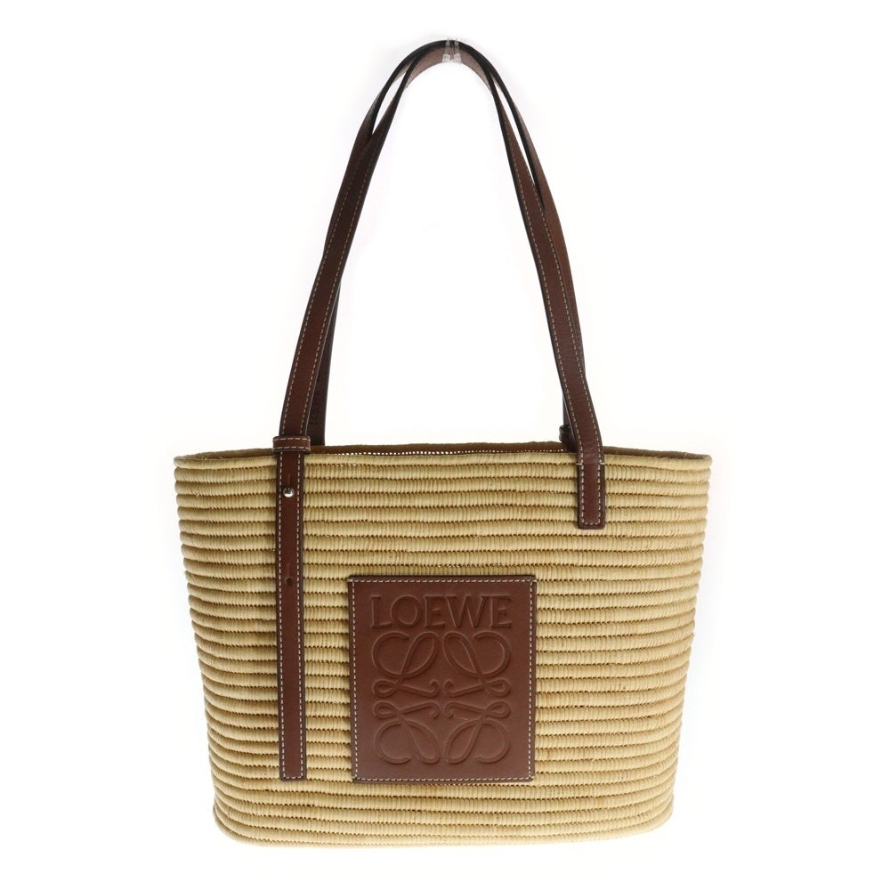 LOEWE(ロエベ) バスケットバッグ スモール ハンドバッグ カゴバッグ ブラウン×ベージュ シルバー金具 ストロー×レザー