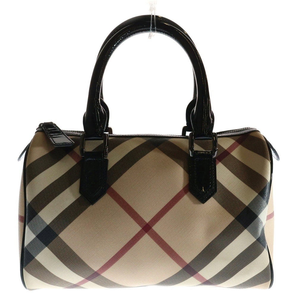 BURBERRY(バーバリー) ノバチェック総柄 パテントレザー PVC ハンド ミニ ボストンバッグ ベージュ/ブラック