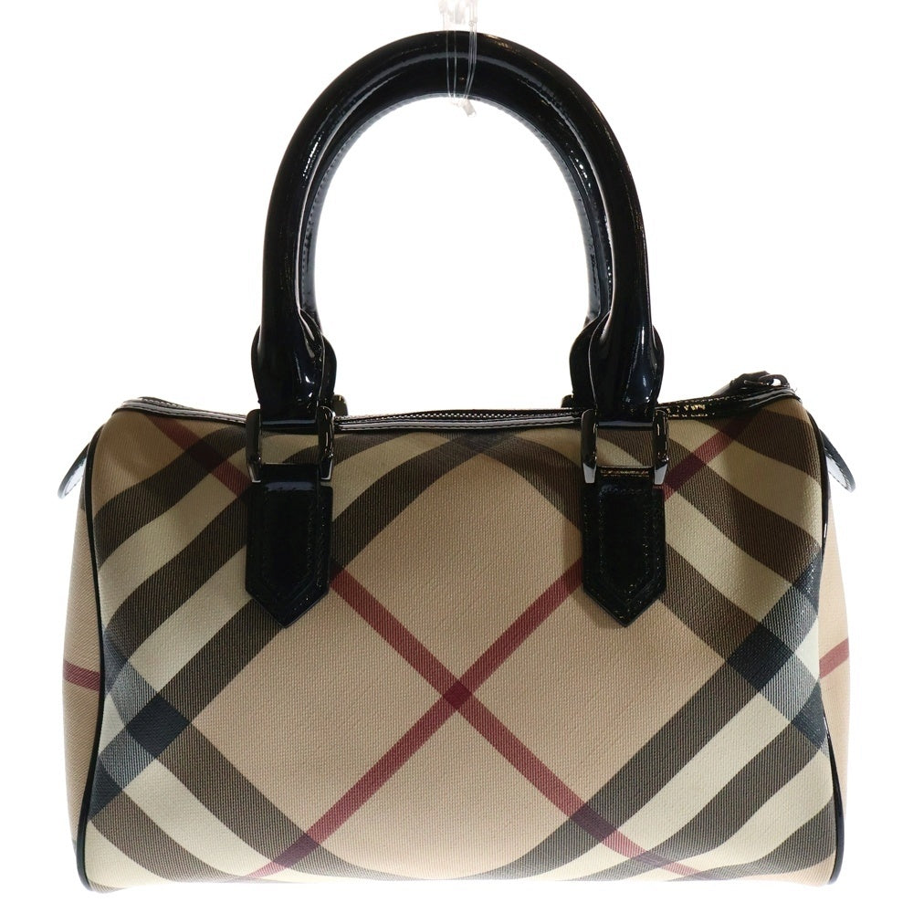 BURBERRY(バーバリー) ノバチェック総柄 パテントレザー PVC ハンド ミニ ボストンバッグ ベージュ/ブラック