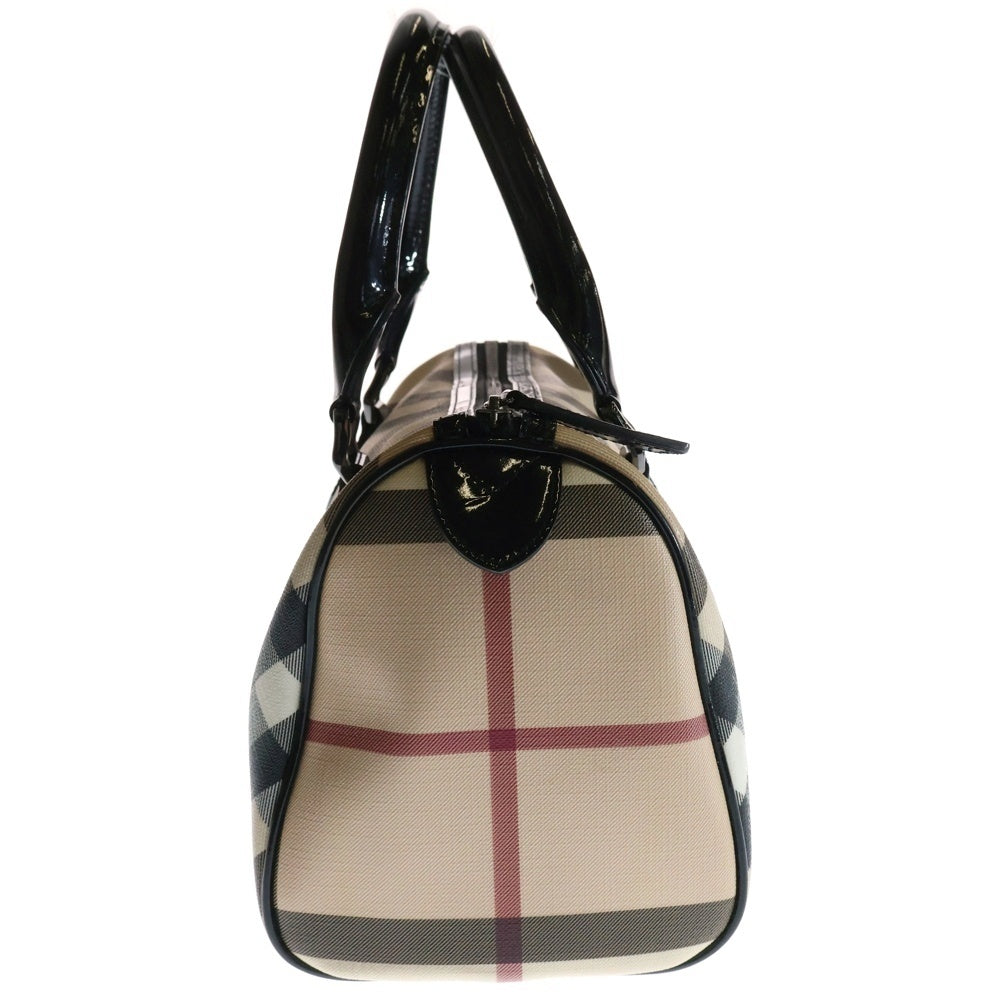 BURBERRY(バーバリー) ノバチェック総柄 パテントレザー PVC ハンド ミニ ボストンバッグ ベージュ/ブラック