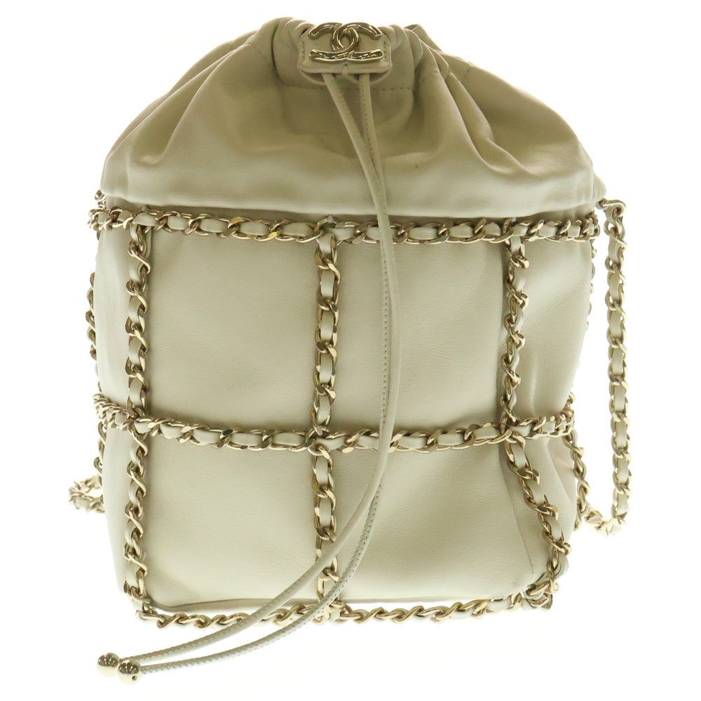 CHANEL(シャネル) ココマーク ロゴプレート ラムスキン レザー バケット チェーンショルダーバッグ ゴールド金具 ホワイト/アイボリー AS2313 30番台